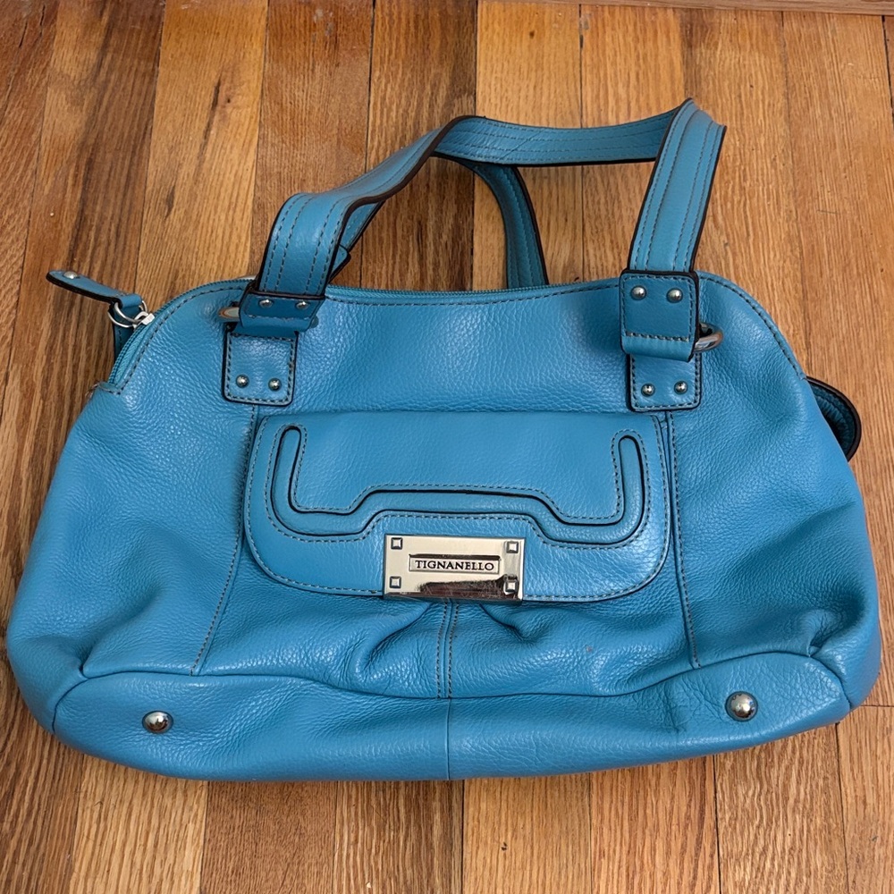 Tignanello Sky Blue Pebbled Leather Double Zipper Double Strap Satchel